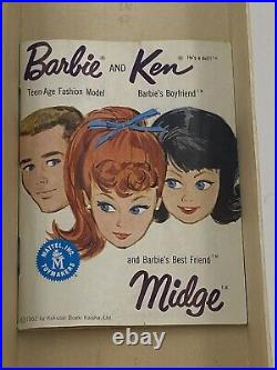 Vtg Orig 1962 Mattel Midge Barbie Doll/box/brunette/pink-red Swimsuit/stand/book